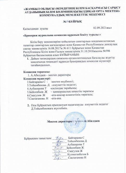 Бракераж комиссия бұйрығы, жоспары, акт