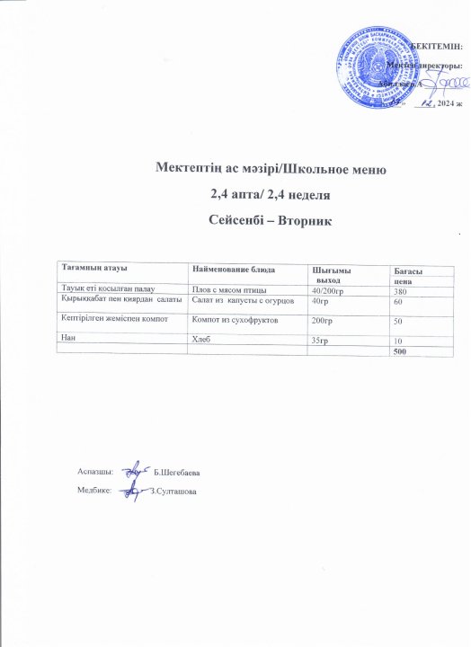 Мектептің ас мәзірі