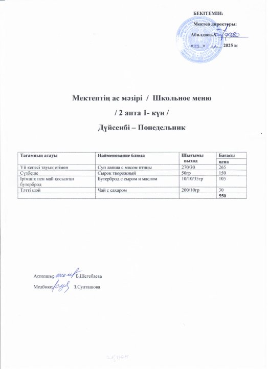 Мектептің ас мәзірі 3-7 ақпан аралығы