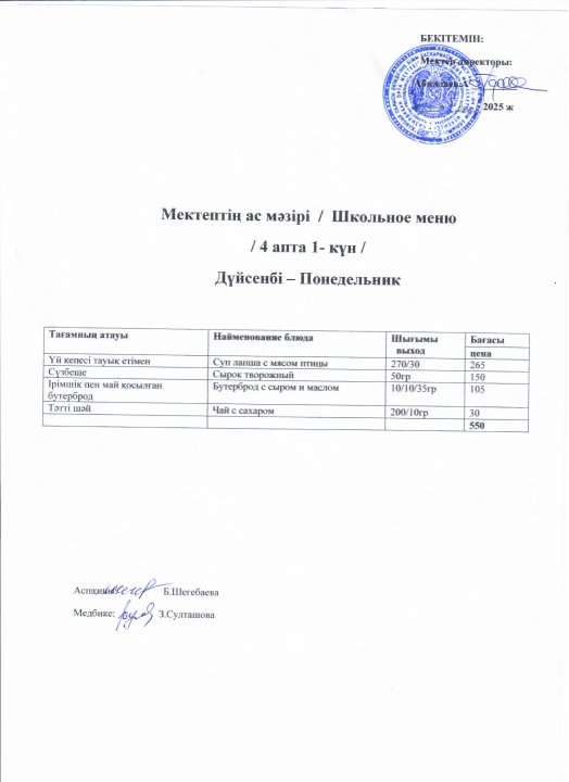 Мектептің ас мәзірі 17-21 ақпан