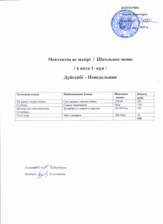 Оқушылардың ас мәзірі 17-21 ақпан аралығы