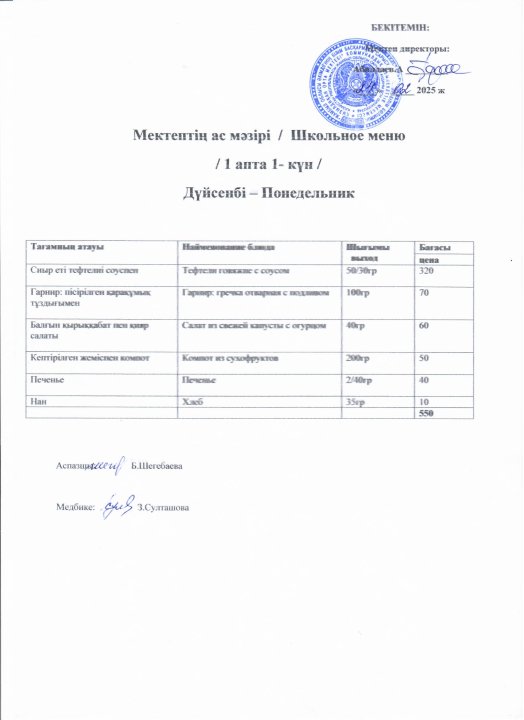 Оқушылардың ас мәзірі 24-28 ақпан аралығы