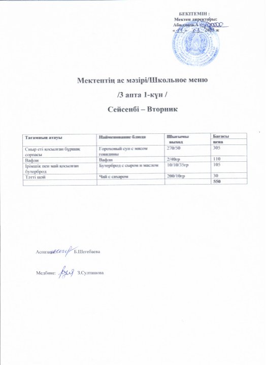 Мектептің ас мәзірі 11-14 наурыз