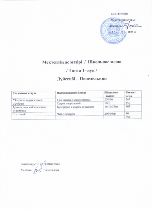 -Мектептің ас мәзірі 17-20 наурыз аралығы