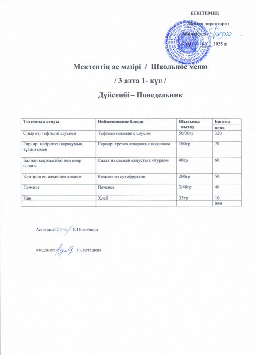 Мектептің ас мәзірі 7-11 сәуір аралығы
