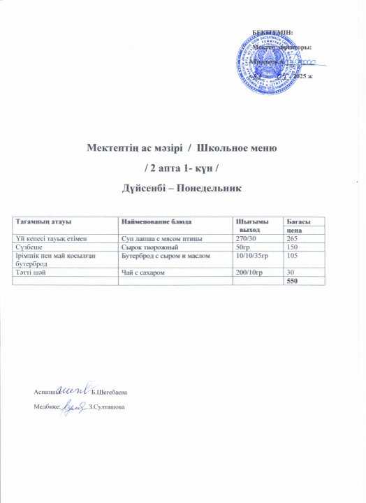 Мектептің ас мәзірі 28-30 сәуір,  2 мамыр