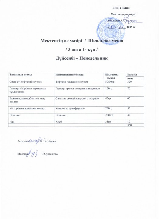 Мектептің ас мәзірі 5-6 ,8 мамыр